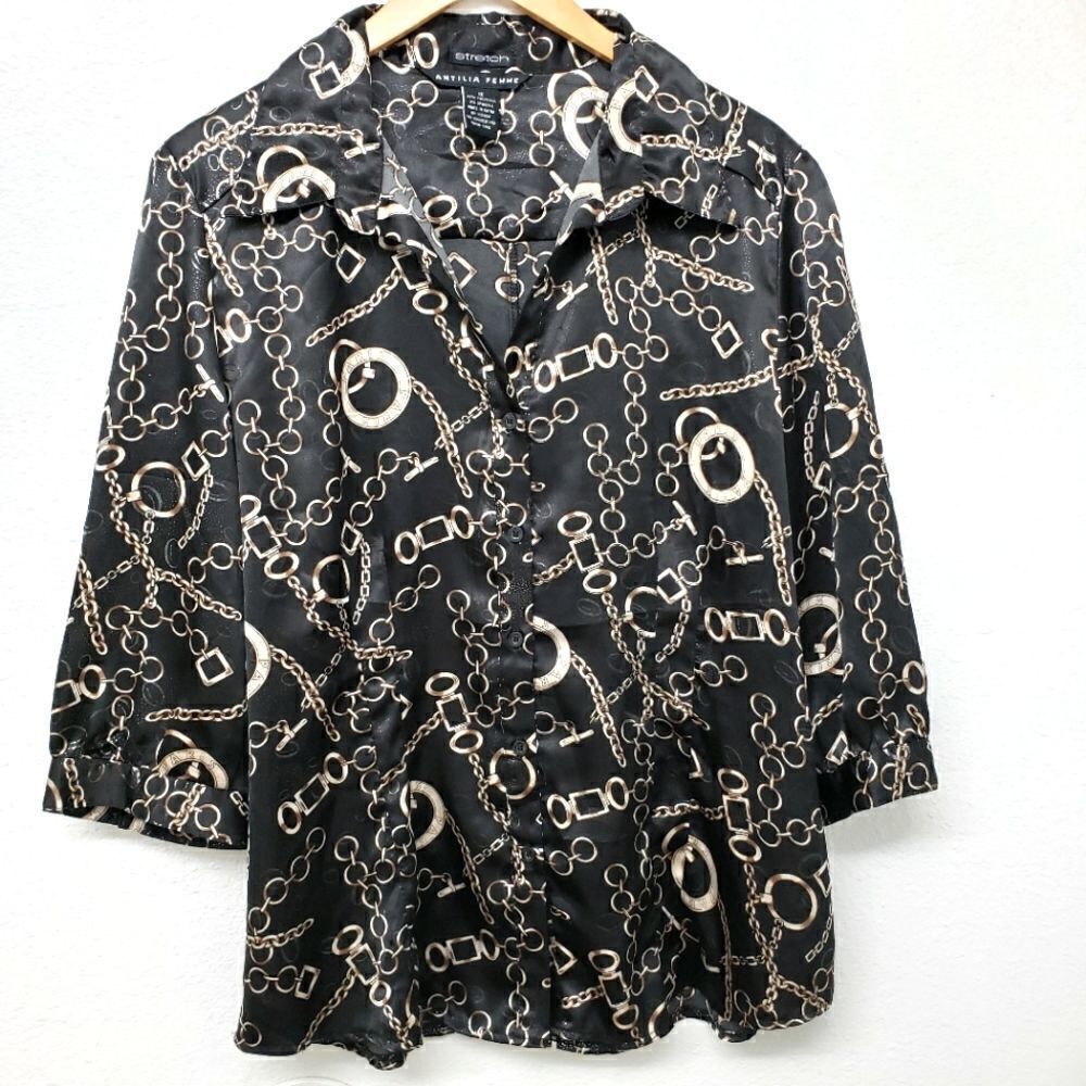 Antilia Femme Stretch Button Down Chain Link Print Satin Blouse Size 1X